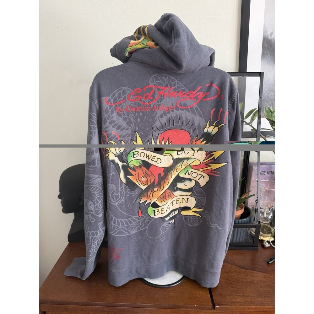 VTG Y2K Ed Hardy Christian Audigier Women 1XL Zip Up Hoodie Bowed But Not Beaten